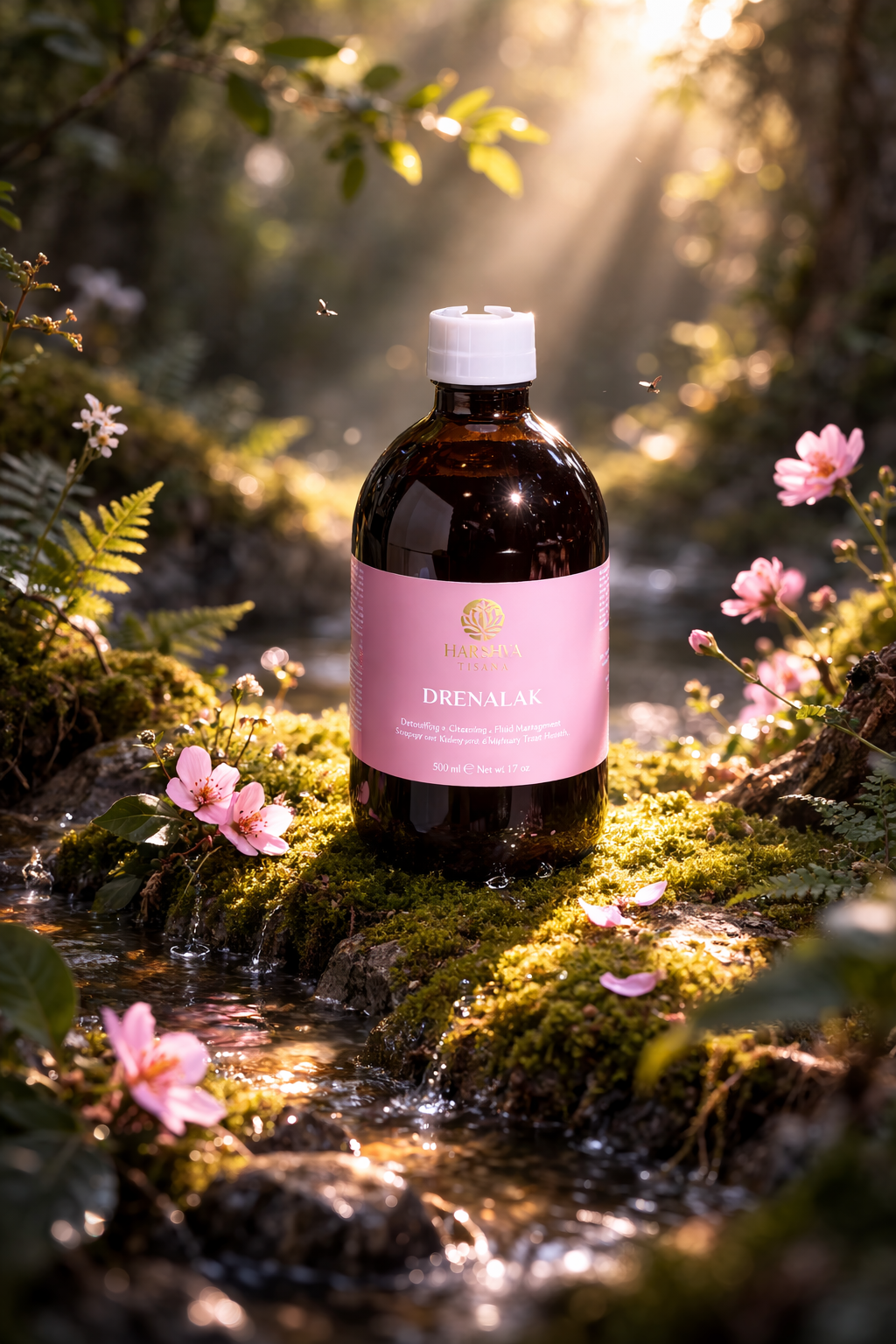 Tisana Drenalak de Harshya en un bosque con luz cálida, un ritual de La Villa Aromática