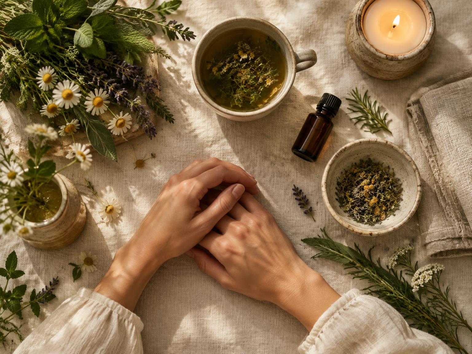 Composición cenital de un ritual: manos, aceite esencial, tisana, plantas, cuenco, lino y vela